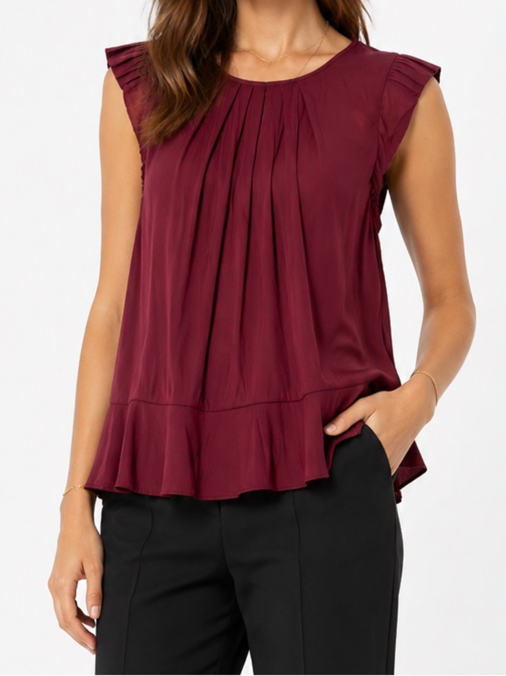 Joie Burgundy Satin Blouse Top Pleated Ruffle Hem Flowy Sleeveless Small $194